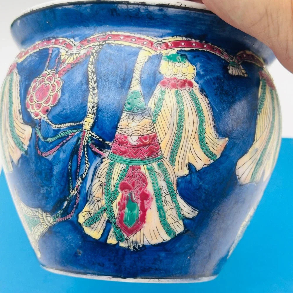 Vintage Chinese Porcelain Fish Bowl Planter Cobalt Blue Tassel Hand Painted